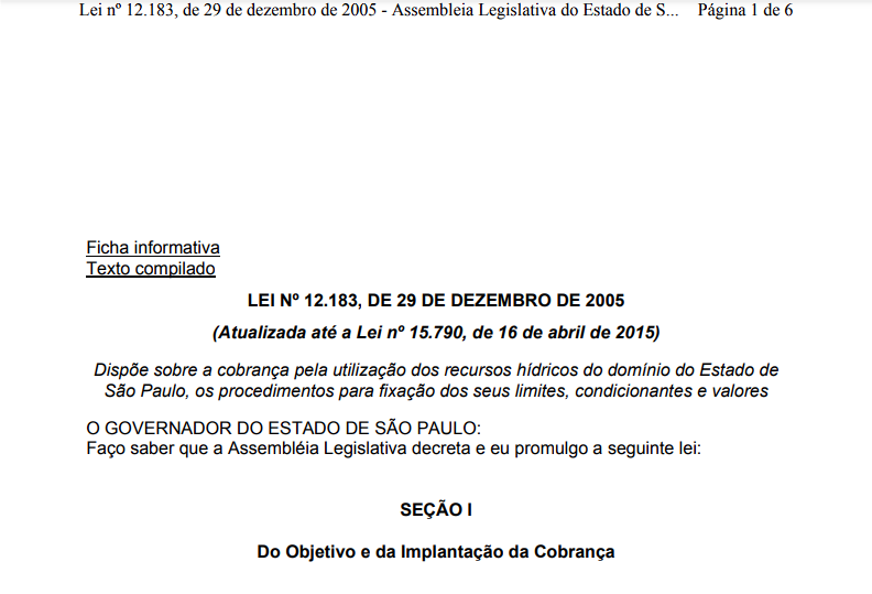 Lei 12.183/2005 Dispõem Sobre Cobrança do Uso dos Recursos Hídricos