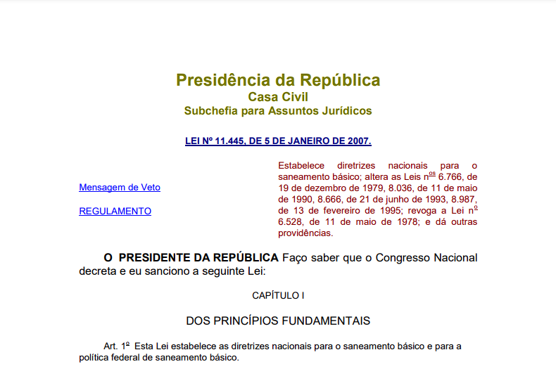 Lei Federal nº11.445/07 – Diretrizes Saneamento Básico