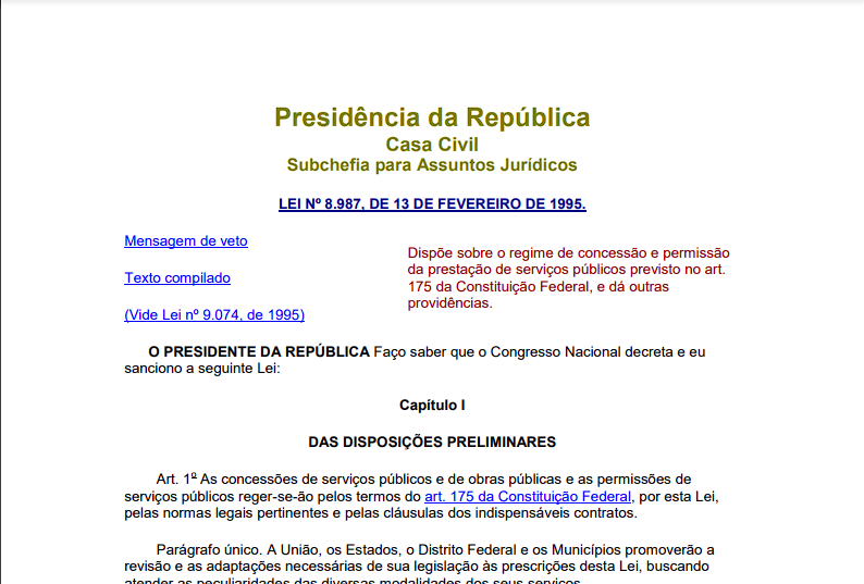 Lei Federal nº8987/95 Regime de Concessão e Prestação de Serviços Públicos