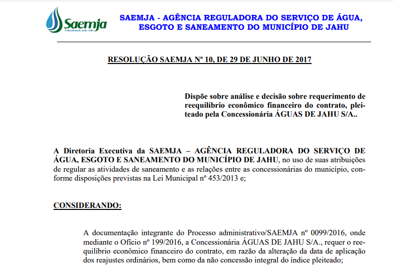 Resolução nº10/17 – Indeferimento Reajuste