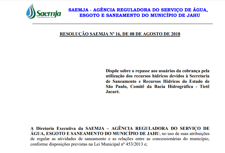 Resolução nº16/18 – Cobrança Recursos Hídricos