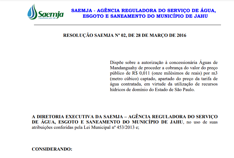 Resolução nº02/16 – Taxa de Uso da Água