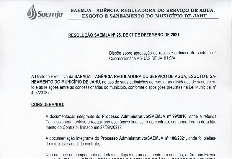 Resolução nº25/21 – Reajuste Concessionária