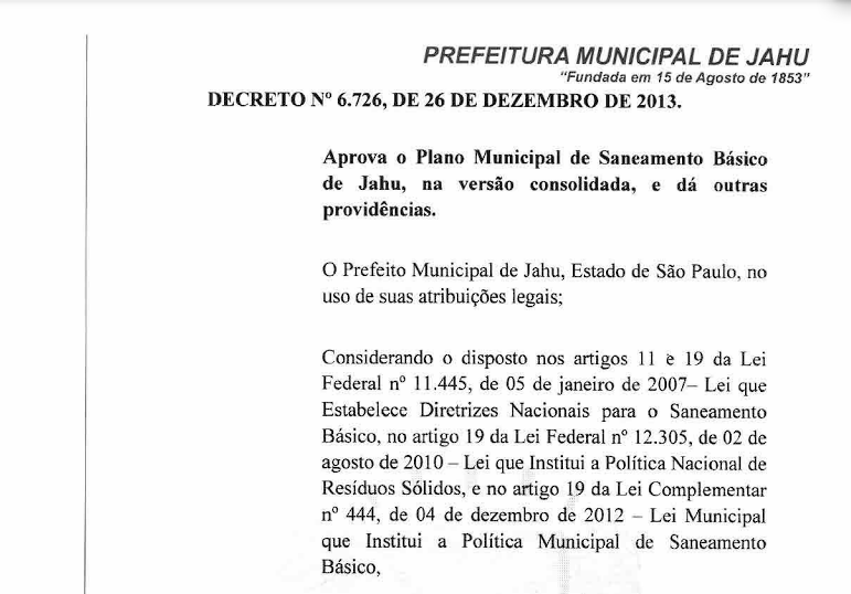 Decreto nº 6726 / 2013 – Aprova o Plano Municipal de Saneamento Básico