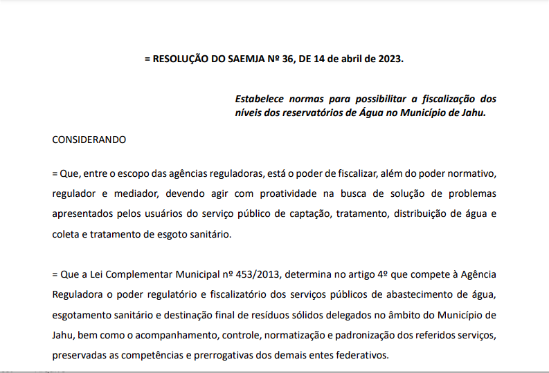 Resolução Nº 36/23 – Estabelece normas de fiscalização de níveis de água